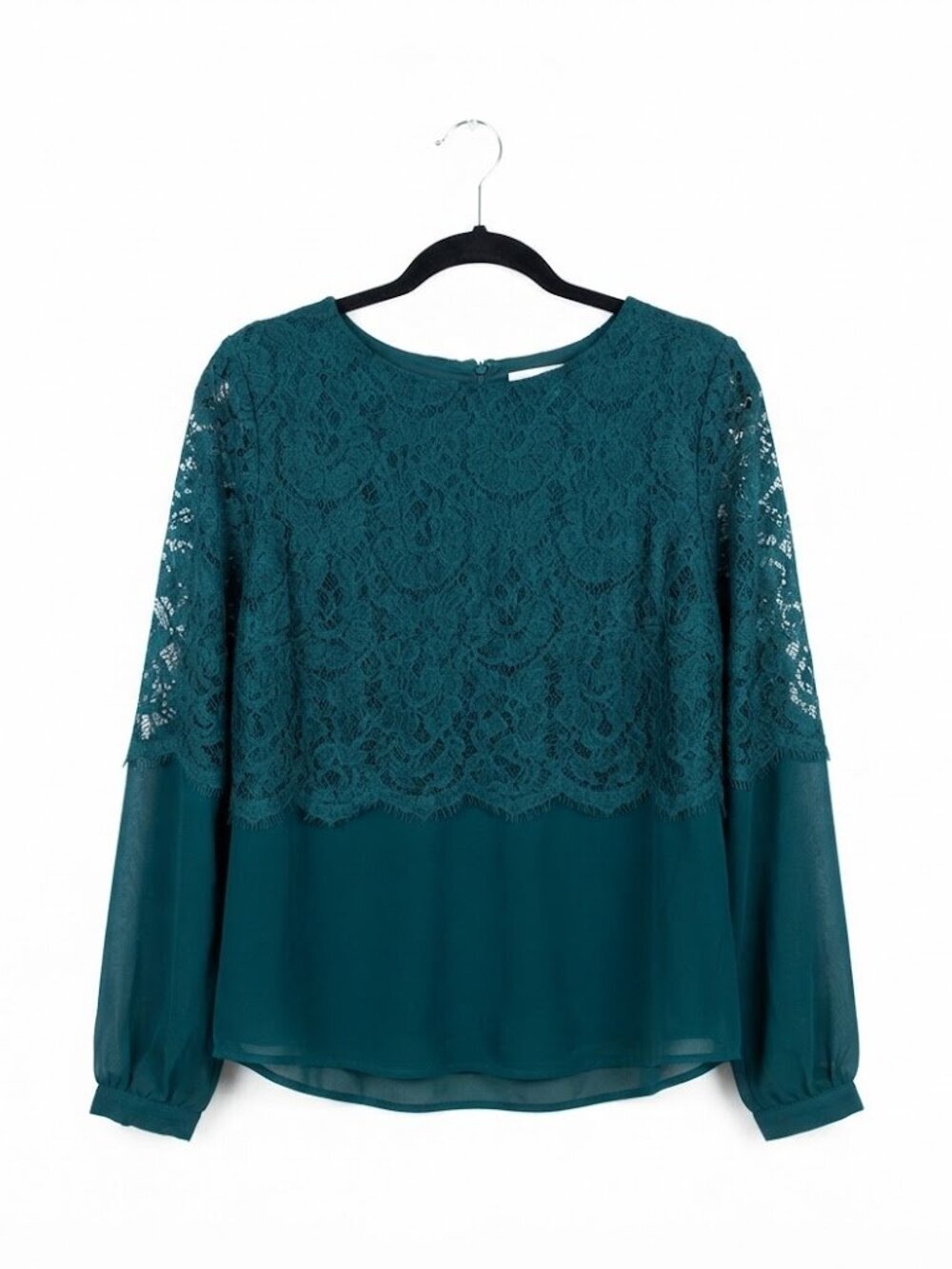 Cleo Dark Green Lace Overlay Long Sleeve Blouse Size M